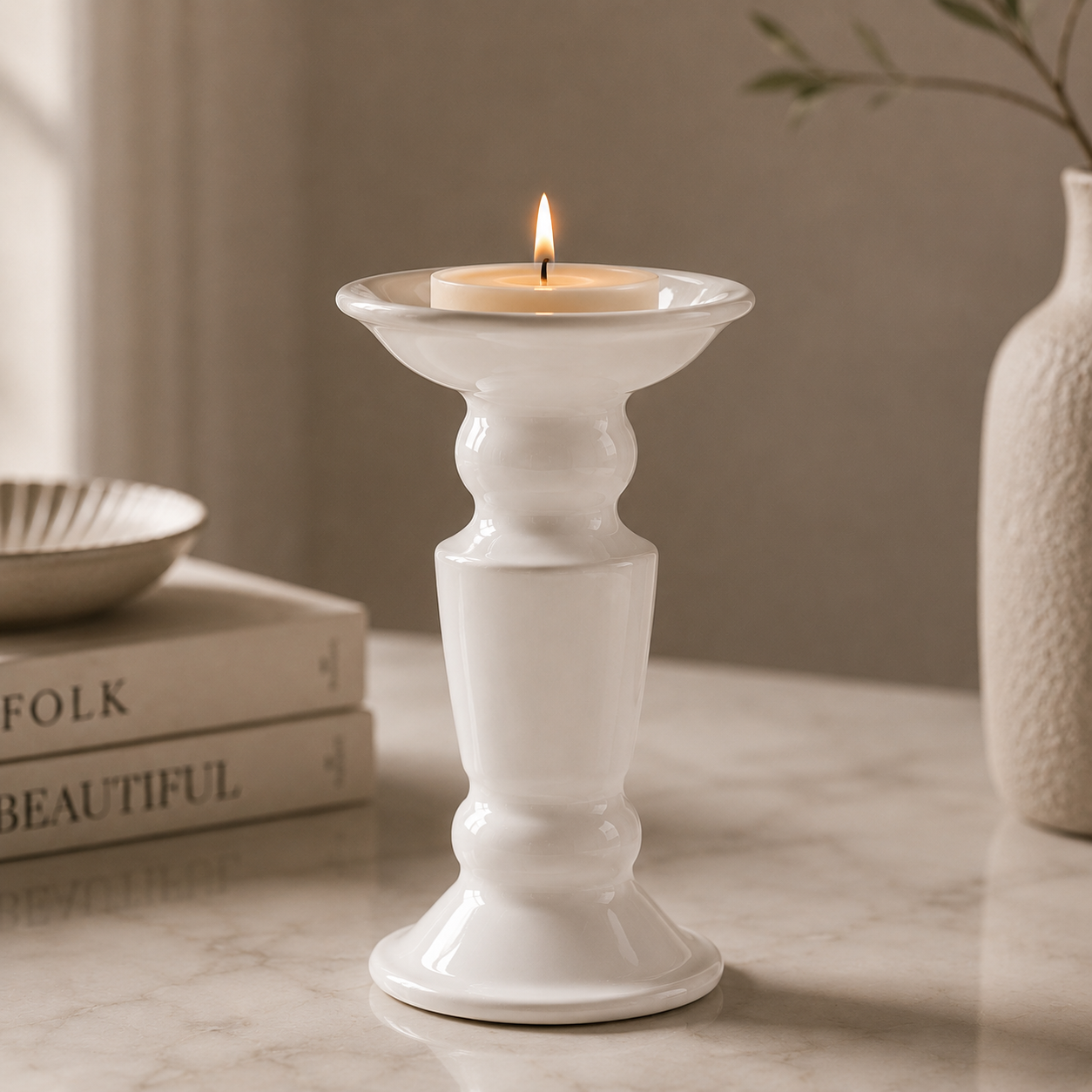 Karaca Stone Candle Holder 27 cm - White, 8683650383345 1 Karaca Stone Candle Holder 27 cm - White, 8683650383345