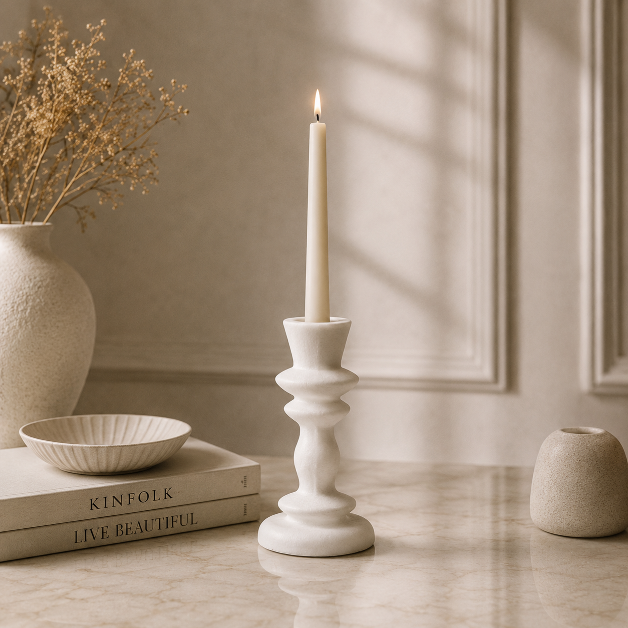 Karaca Stone Candle Holder 15 cm - White, 8683650383369 1 Karaca Stone Candle Holder 15 cm - White, 8683650383369