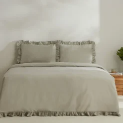 Karaca Home Pure Ruffle 100% Cotton King Size Frilled Duvet Cover Set – Sage, 200.22.05.0299