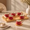 Karaca Red Coffee Cup Set for 6 People with Bamboo Tray – 90 ml, 153.03.05.0221