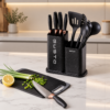 Karaca Gusto 12-Piece Knife & Kitchen Utensil Set with Block & Chopping Board – Black, 153.03.06.7246