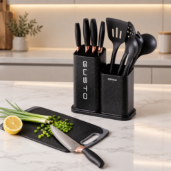 Karaca Gusto 12-Piece Knife & Kitchen Utensil Set with Block & Chopping Board – Black, 153.03.06.7246