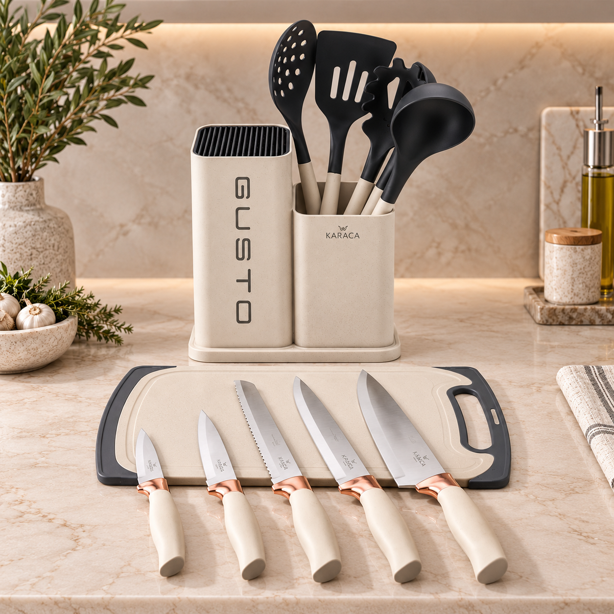 Karaca Gusto 12-Piece Knife & Kitchen Utensil Set with Block & Chopping Board – Cream, 153.03.06.7255 2 Karaca Gusto 12-Piece Knife & Kitchen Utensil Set with Block & Chopping Board – Cream, 153.03.06.7255 - Image 2