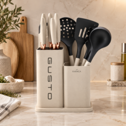 Karaca Gusto 12-Piece Knife & Kitchen Utensil Set with Block & Chopping Board – Cream, 153.03.06.7255