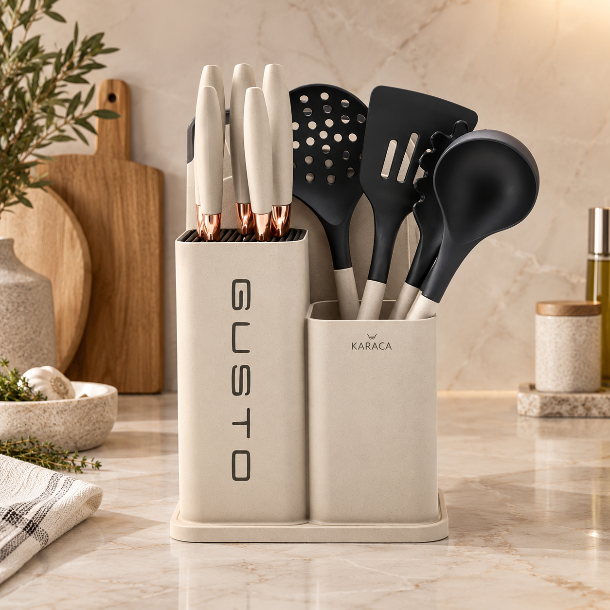 Karaca Gusto 12-Piece Knife & Kitchen Utensil Set with Block & Chopping Board – Cream, 153.03.06.7255 1 Karaca Gusto 12-Piece Knife & Kitchen Utensil Set with Block & Chopping Board – Cream, 153.03.06.7255