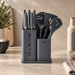 Karaca Gusto 12-Piece Knife & Kitchen Utensil Set with Block & Chopping Board – Grey, 153.03.08.2615
