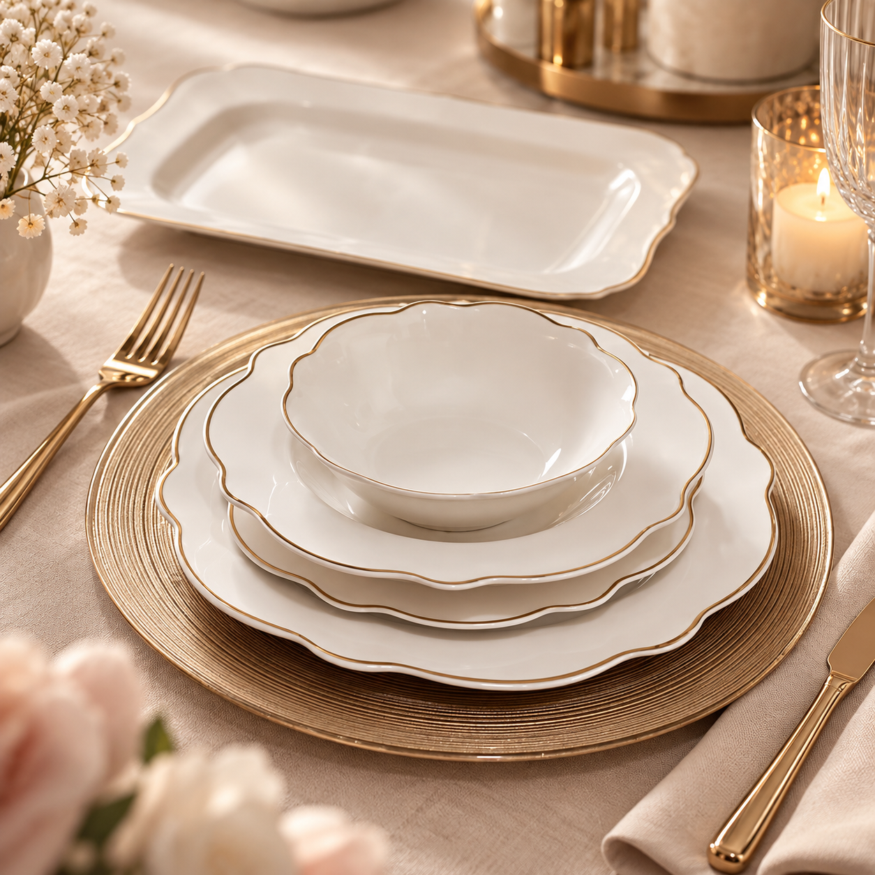 Karaca Daisy Gold Wave Shape Boat-Shaped 27-Piece Porcelain Dinner Set for 6, 153.03.08.3275 1 Karaca Daisy Gold Wave Shape Boat-Shaped 27-Piece Porcelain Dinner Set for 6, 153.03.08.3275
