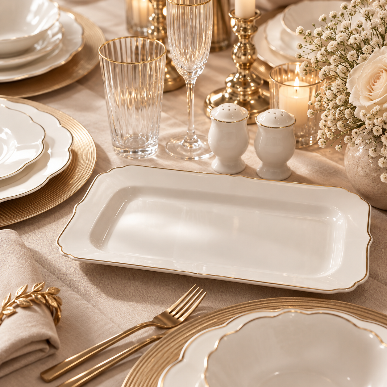 Karaca Daisy Gold Wave Shape Boat-Shaped 27-Piece Porcelain Dinner Set for 6, 153.03.08.3275 4 Karaca Daisy Gold Wave Shape Boat-Shaped 27-Piece Porcelain Dinner Set for 6, 153.03.08.3275 - Image 4