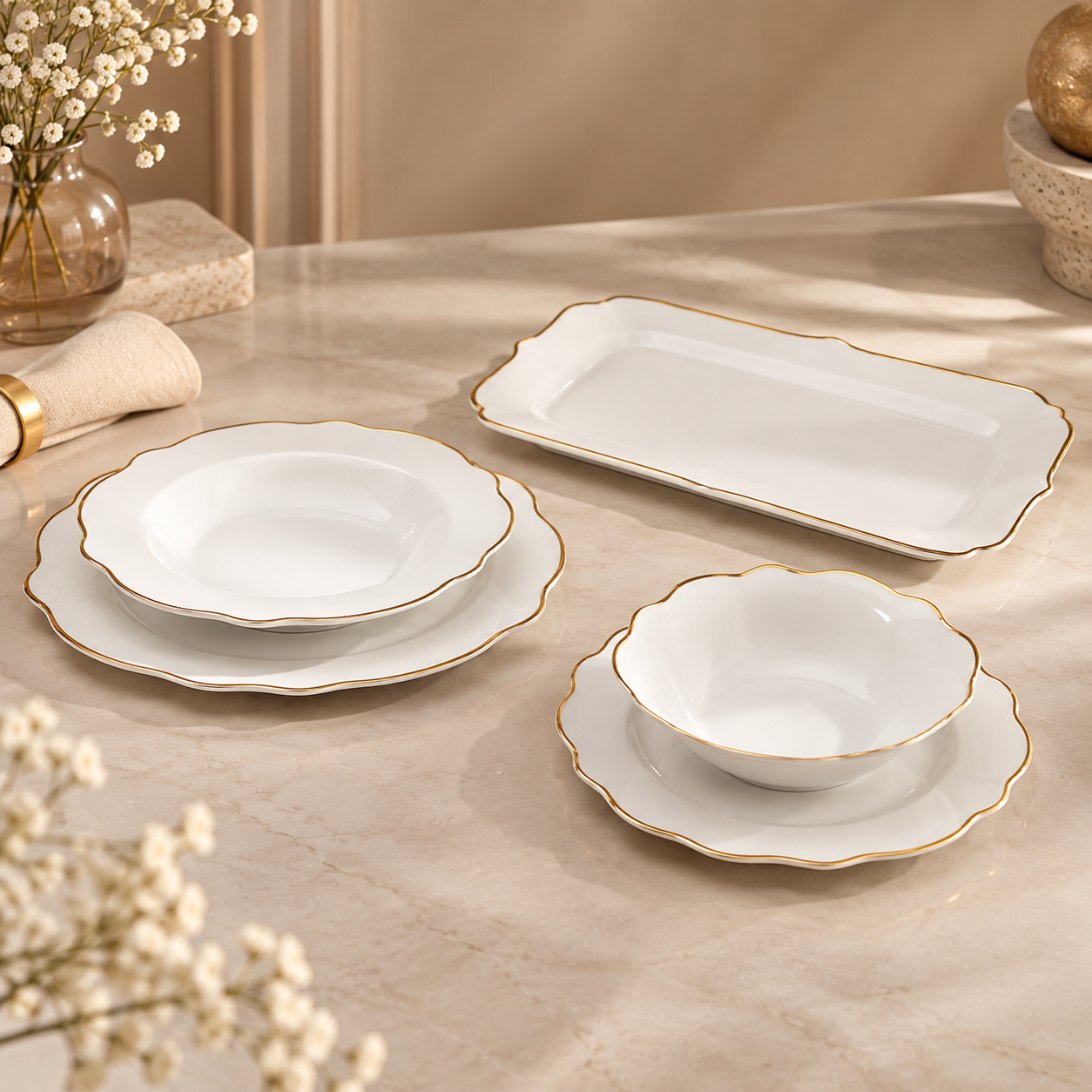 Karaca Daisy Gold Wave Shape Boat-Shaped 27-Piece Porcelain Dinner Set for 6, 153.03.08.3275 15 Karaca Daisy Gold Wave Shape Boat-Shaped 27-Piece Porcelain Dinner Set for 6, 153.03.08.3275 - Image 15