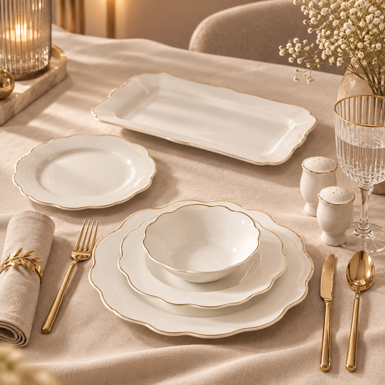 Karaca Daisy Gold Wave Shape Boat-Shaped 27-Piece Porcelain Dinner Set for 6, 153.03.08.3275 3 Karaca Daisy Gold Wave Shape Boat-Shaped 27-Piece Porcelain Dinner Set for 6, 153.03.08.3275 - Image 3