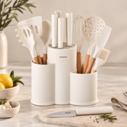 Karaca Burby Cream & Wood 14-Piece Serving and Knife Set, 153.09.01.3204