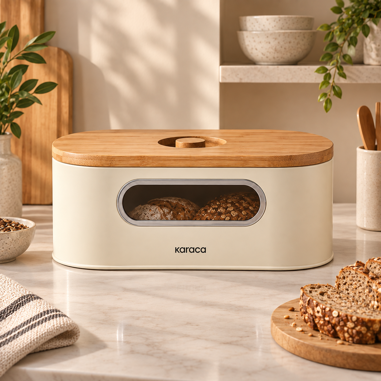 Karaca Stream 2-in-1 Bread Box & Cutting Board – Cream, 153.09.01.4246 1 Karaca Stream 2-in-1 Bread Box & Cutting Board – Cream, 153.09.01.4246