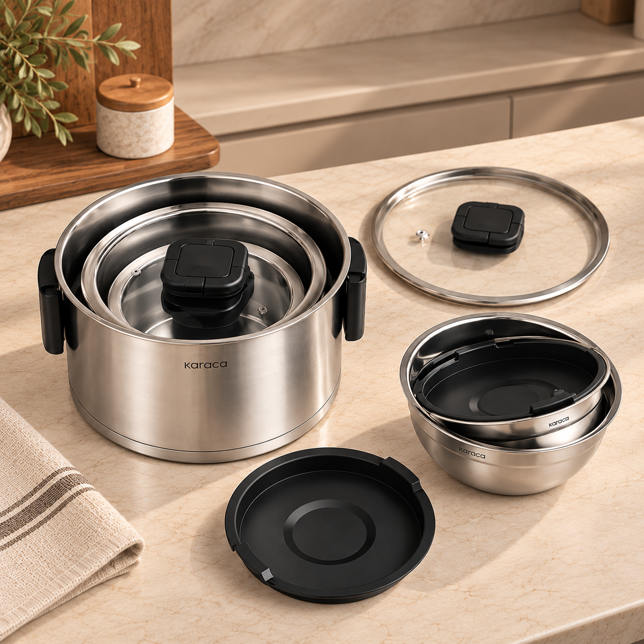 Karaca Aşiyan 10-Piece Foldable Stainless Steel Cookware Set, 153.09.01.9135 4 Karaca Aşiyan 10-Piece Foldable Stainless Steel Cookware Set, 153.09.01.9135 - Image 4
