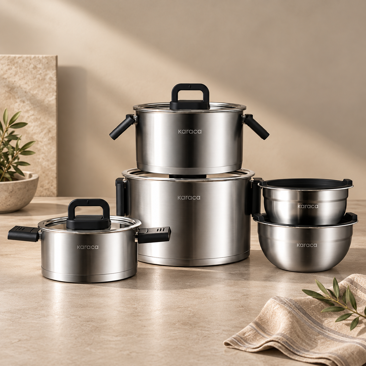 Karaca Aşiyan 10-Piece Foldable Stainless Steel Cookware Set, 153.09.01.9135 1 Karaca Aşiyan 10-Piece Foldable Stainless Steel Cookware Set, 153.09.01.9135
